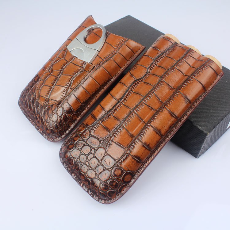 Genuine Crocodile Skin Cigar Case – Luxury 3-Cigar Travel Holder with Cutter
