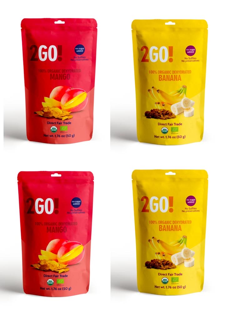 4-pack of 2GO! Organic dried mango and banana snacks; no sugar added, Non-GMO, Fairtrade-certified—ideal for healthy snacking while camping, traveling, or on-the-go.
