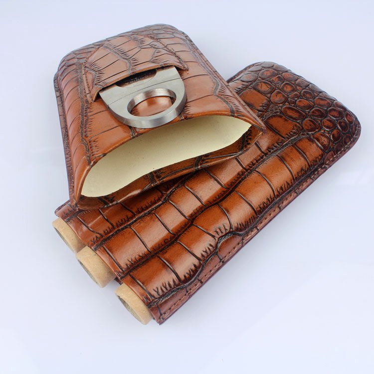 Genuine Crocodile Skin Cigar Case – Luxury 3-Cigar Travel Holder with Cutter