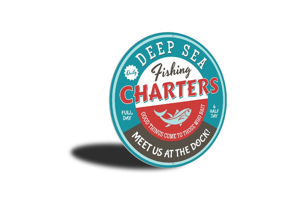 Deep Sea Fishing Charters Metal Sign – Nautical Wall Decor for Home, Cabin, or Man Cave