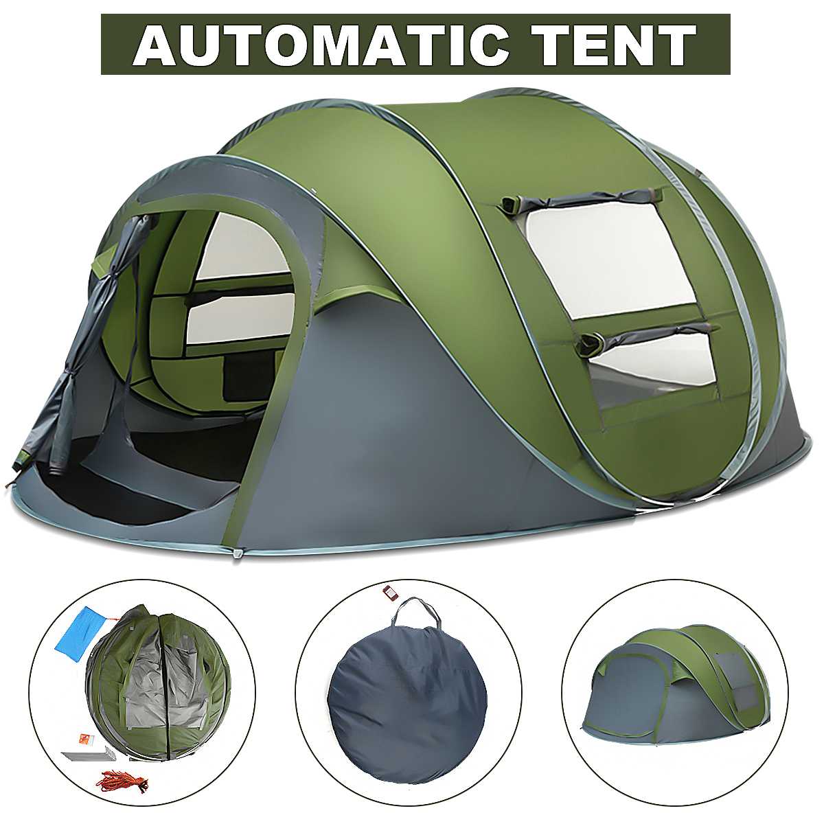 Spacious 4–5 person pop-up camping tent with automatic setup, dual doors, and mesh windows for ventilation and insect protection—perfect for quick and easy outdoor shelter.