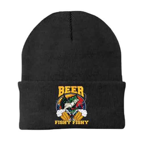 Beer Fishy Fishy 2 Embroidered Beanie – Cotton Blend, One Size