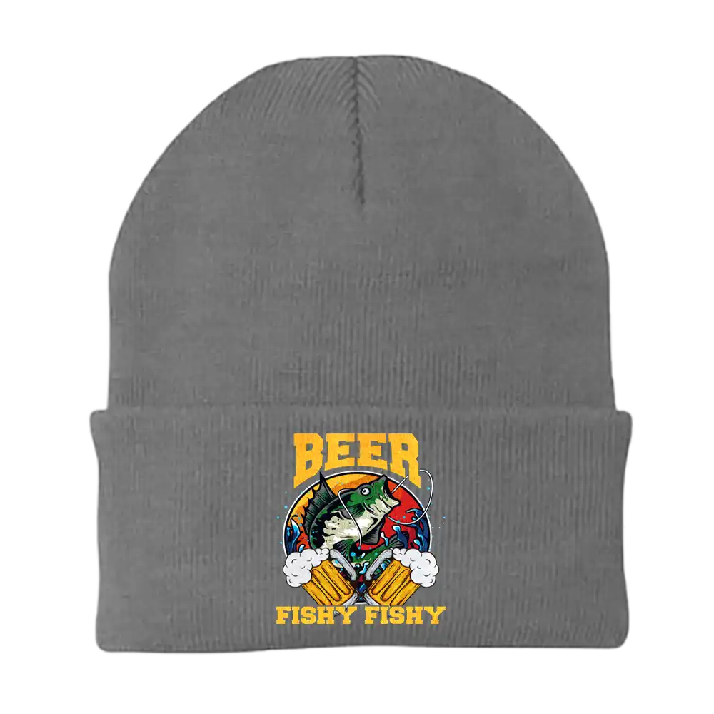 Beer Fishy Fishy 2' embroidered beanie made from soft cotton-acrylic blend. Stretchable, one-size-fits-most design with a snug, breathable fit—adds humor to your cold-weather gear