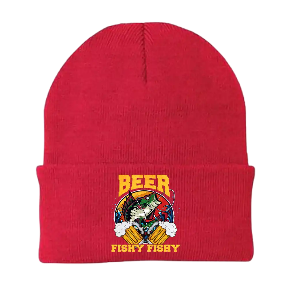 Beer Fishy Fishy 2 Embroidered Beanie – Cotton Blend, One Size