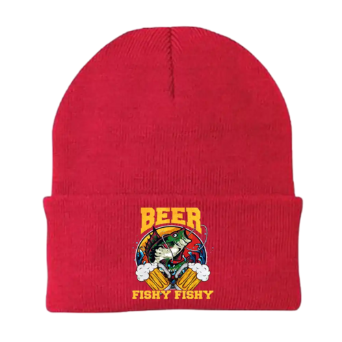 Beer Fishy Fishy 2 Embroidered Beanie – Cotton Blend, One Size