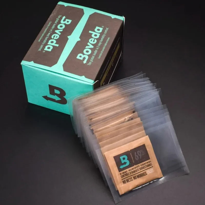 Boveda 8g cigar humidification packs with two-way humidity control, available in 62%, 65%, 69%, and 72% RH; ideal for maintaining cigar freshness in humidors.
