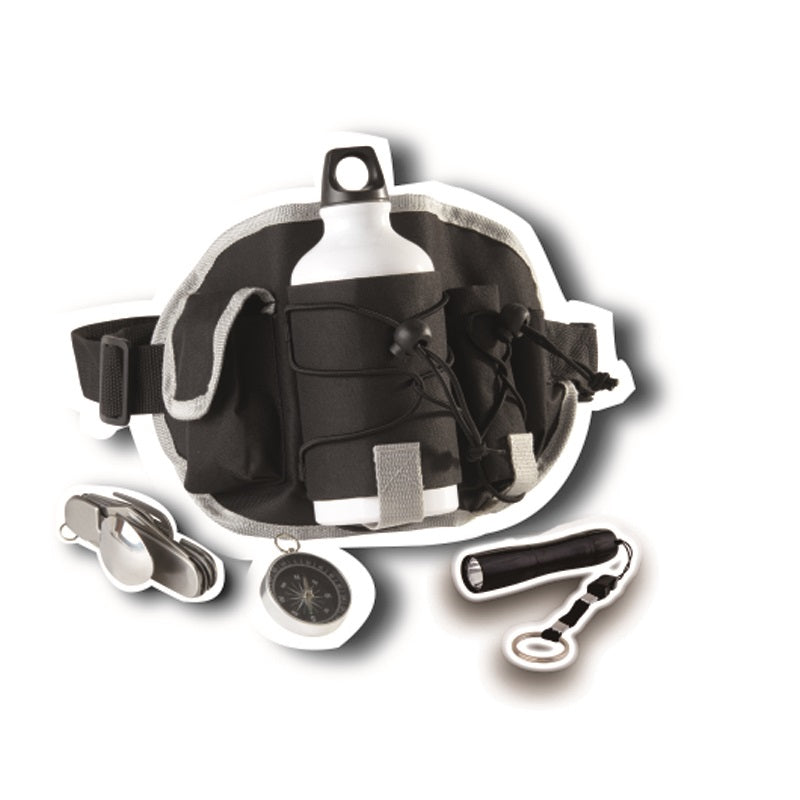 Camping waist bag set with aluminum water bottle knife flashlight and compass perfect for hiking festivals and emergency kits