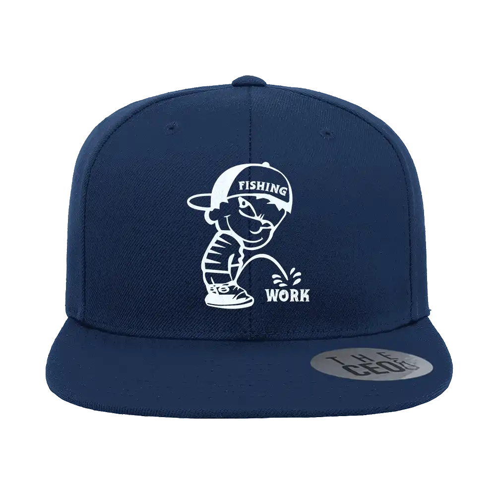 Fishing and Work' embroidered flat bill cap made from 100% cotton twill. Features five-panel high-profile structure, green under visor, snapback closure, and breathable sewn eyelets