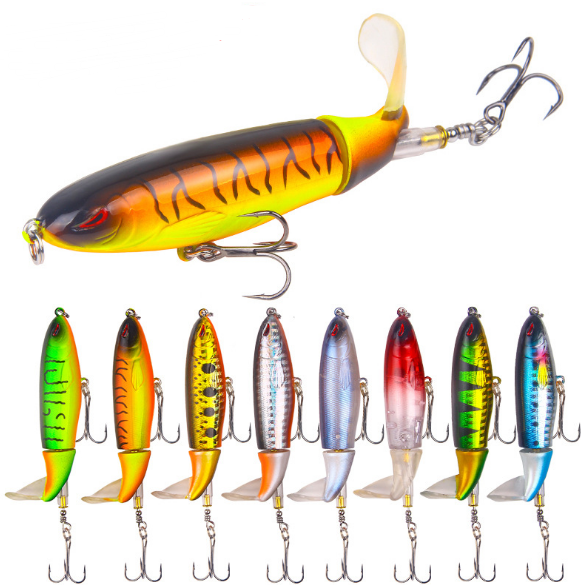 Floating water pencil fishing lure with propeller design, available in 10cm and 14cm sizes. Weighs 13g, comes in 8 vibrant colors. Ideal for fresh and saltwater fishing with realistic movement.
