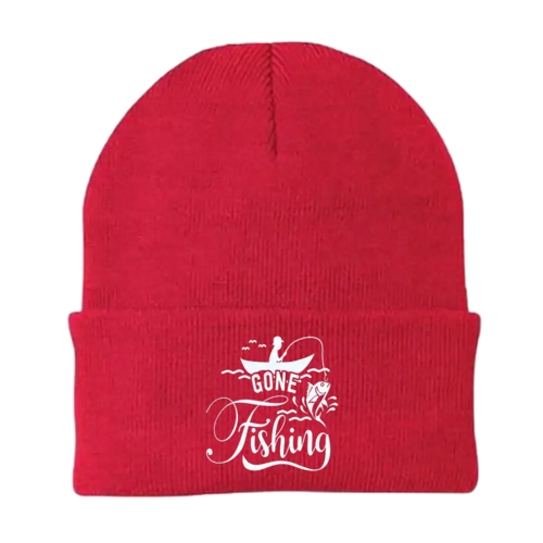 Gone Fishing Embroidered Beanie – Cotton Blend, One Size