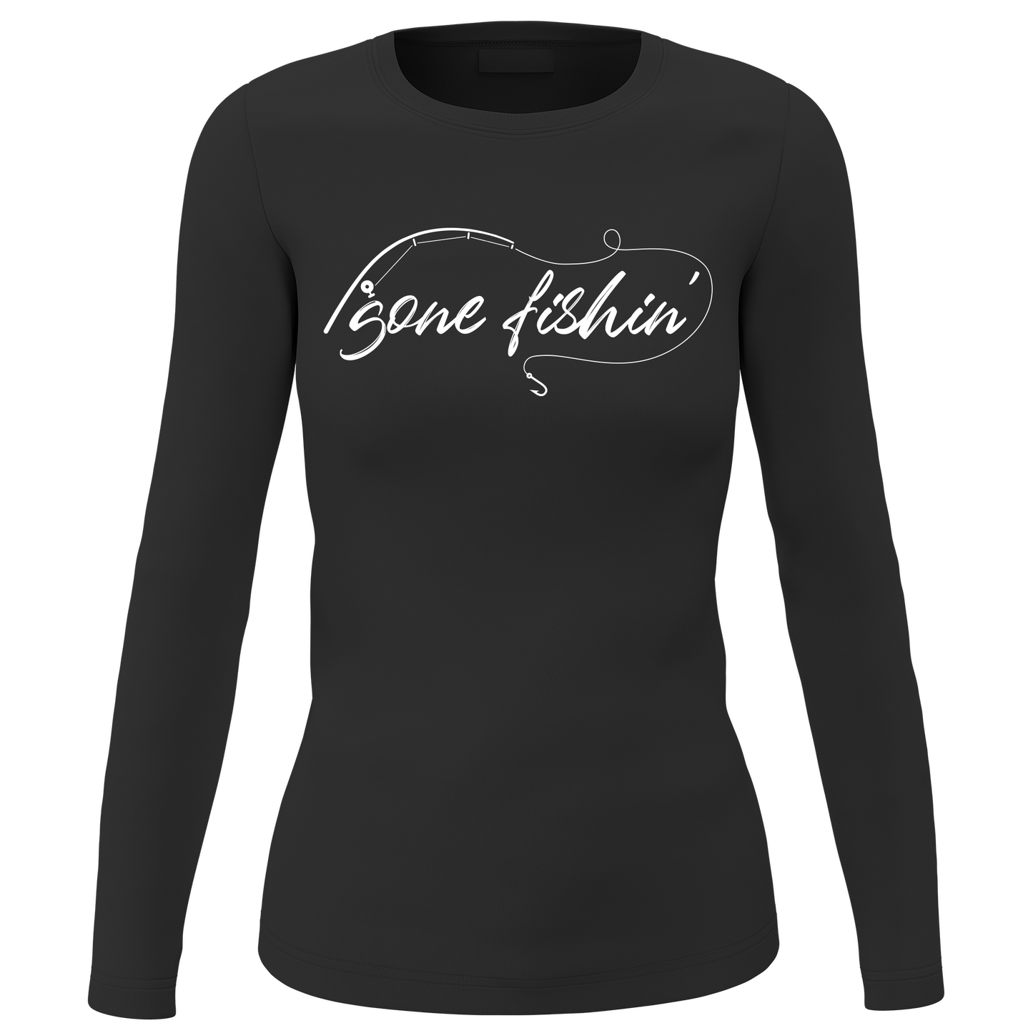 Women’s long sleeve shirt with “Gone Fishing” rod graphic, made from soft preshrunk cotton; semi-fitted outdoor tee perfect for anglers, boat days, and cool weather comfort.