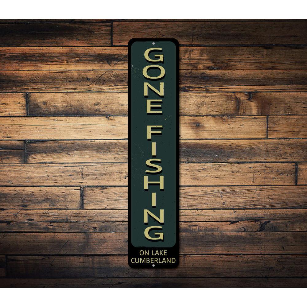 Gone Fishing vertical metal sign made from rust-resistant aluminum, with customizable text and pre-drilled holes—perfect rustic wall decor for cabins, lake houses, and fishing spaces.