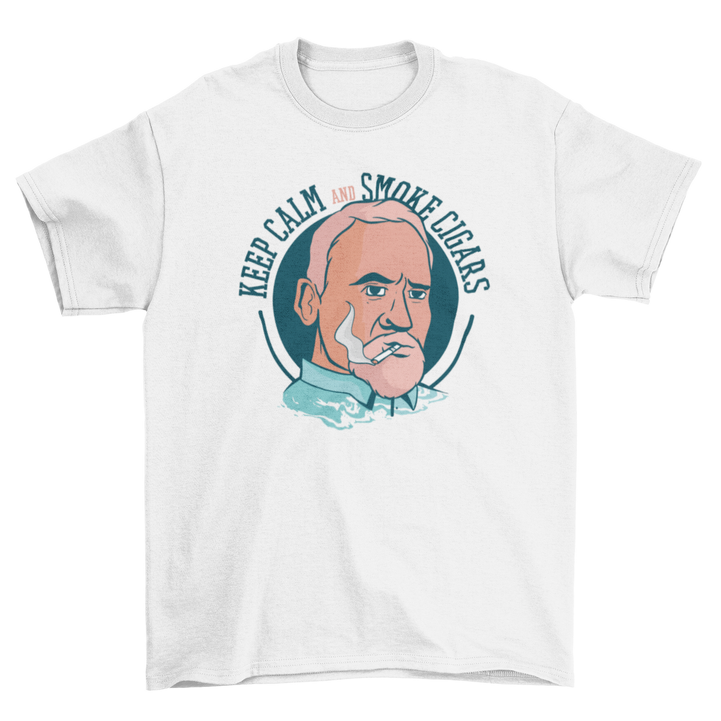 “Keep Calm and Smoke Cigars” graphic T-shirt featuring a bold design of a man smoking; soft cotton blend, unisex fit, and perfect for cigar enthusiasts and casual wear.