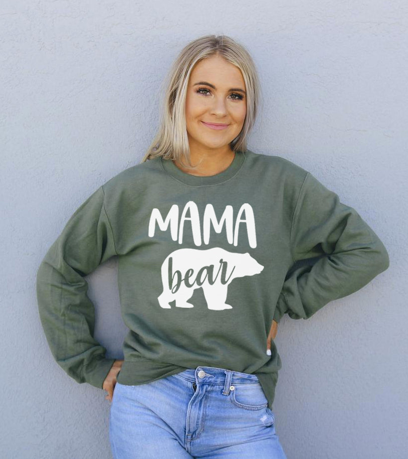 Mama Bear crewneck sweatshirt for moms made from soft pre-shrunk cotton blend with unisex fit and cozy pill-resistant fabric perfect for everyday wear or gifting