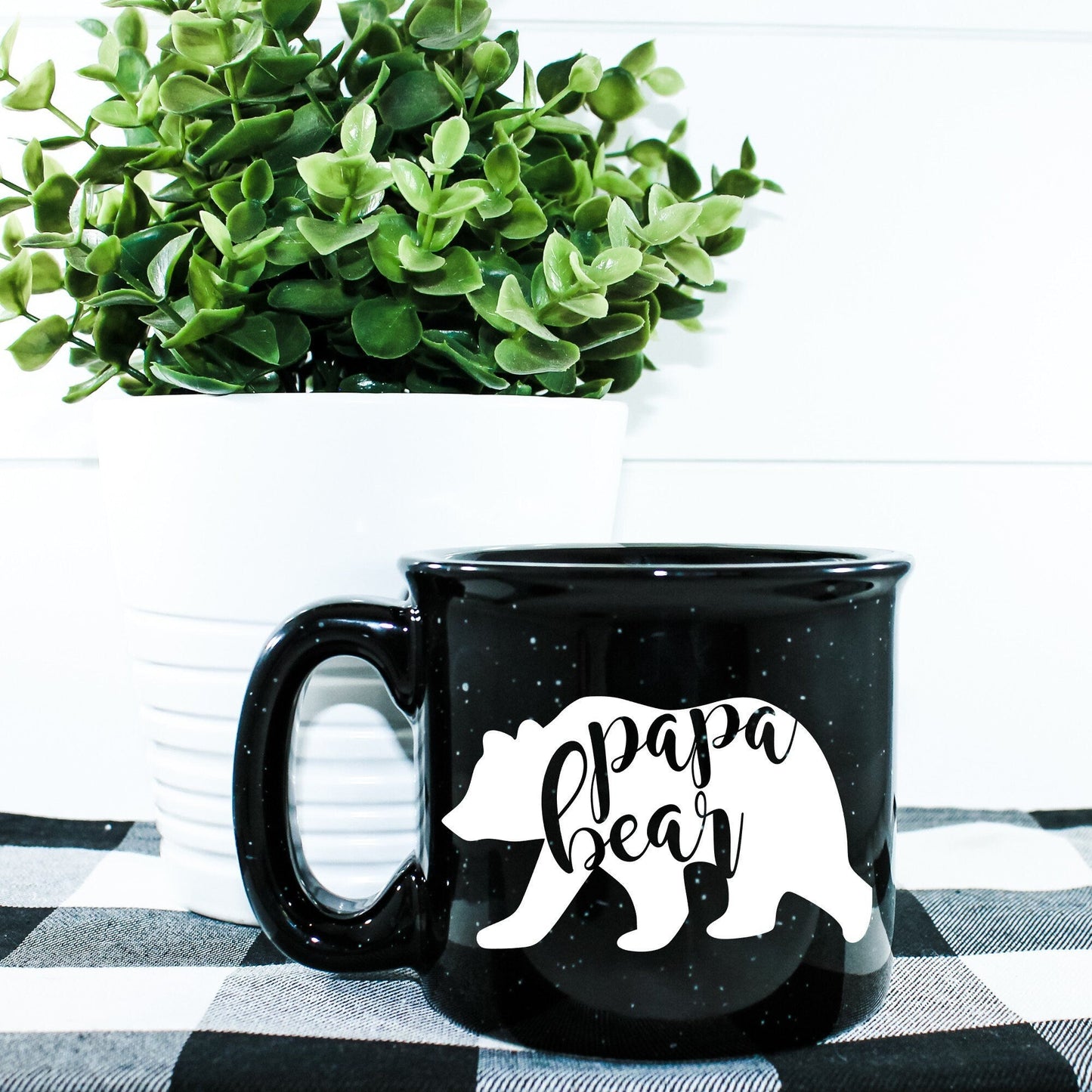 15oz ceramic “Papa Bear” campfire-style mug with outdoor vinyl design, microwave safe and perfect for camping dads and outdoor coffee lovers.
