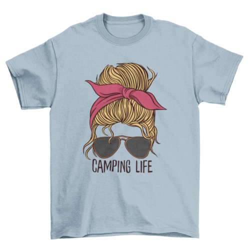 Camping Life Woman T-Shirt – Messy Bun & Sunglasses Outdoor Graphic Tee for Nature Lovers