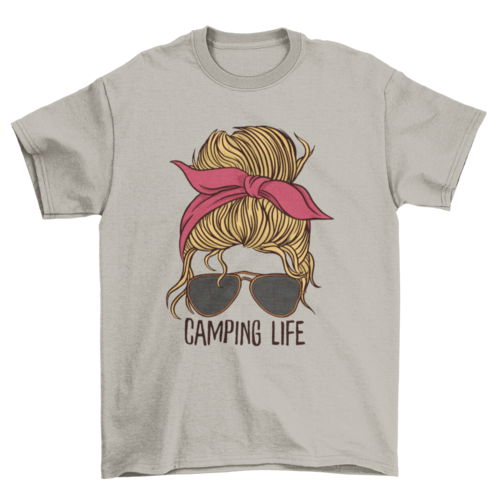 Camping Life Woman T-Shirt – Messy Bun & Sunglasses Outdoor Graphic Tee for Nature Lovers