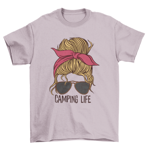 Camping Life Woman T-Shirt – Messy Bun & Sunglasses Outdoor Graphic Tee for Nature Lovers