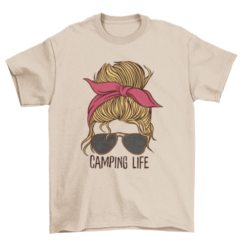 Camping Life Woman T-Shirt – Messy Bun & Sunglasses Outdoor Graphic Tee for Nature Lovers