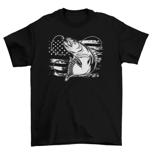 Black fishing t-shirt with patriotic fish and hook over distressed American flag.