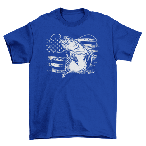 American flag fishing t-shirt in Royal Blue with fish and hook graphic.