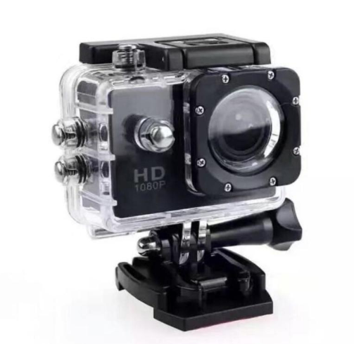 1080p HD waterproof action camera with wide-angle lens, built-in color screen, and multiple mounting accessories. Compact and rugged design for biking, surfing, hiking, and diving.