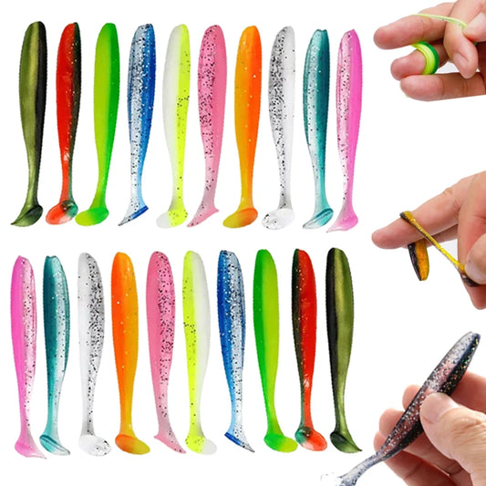 Set of 10 T Tail soft fishing lures in vibrant two-tone colors, made from durable silicone. Available in 55mm to 120mm sizes, perfect for jigging and swimbait fishing. Ideal for bass, pike, and multi-species freshwater fishing