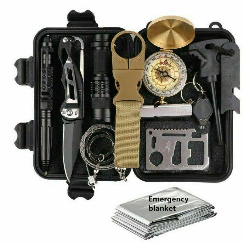 14-in-1 emergency survival gear kit with knife flashlight compass fire starter and more in waterproof case for camping hiking and prepping