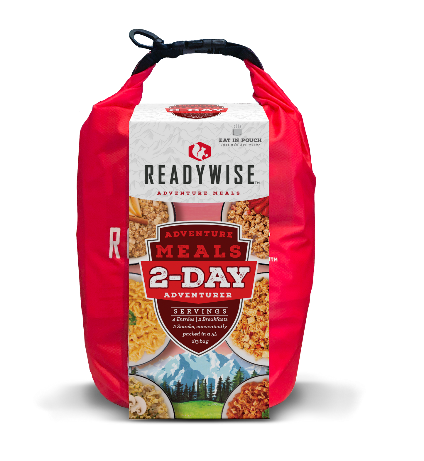 2-day camping food kit in 5L dry bag with 8 ready-to-eat meals and snacks perfect for hiking backpacking fishing and emergency kits