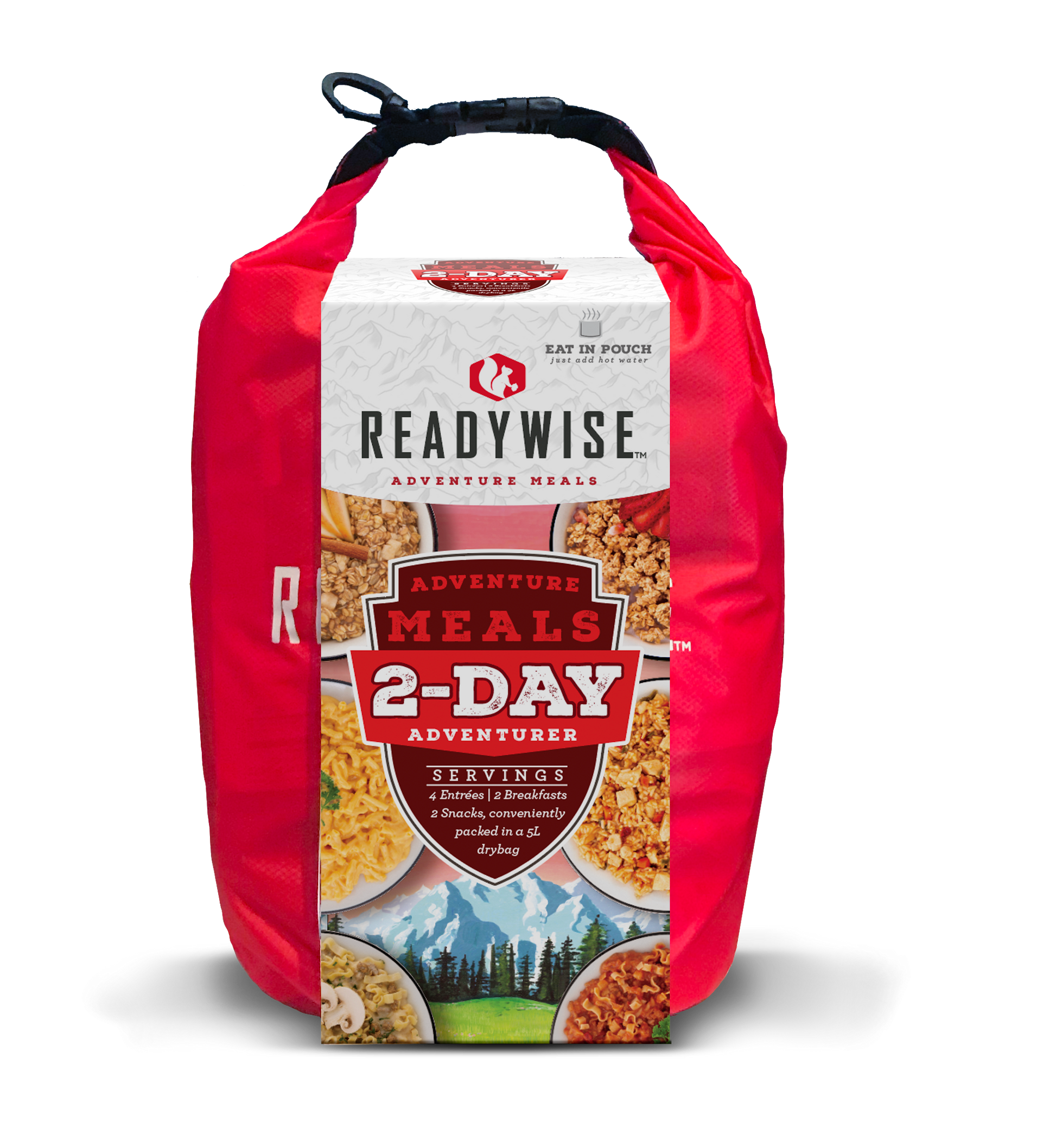 2-day camping food kit in 5L dry bag with 8 ready-to-eat meals and snacks perfect for hiking backpacking fishing and emergency kits