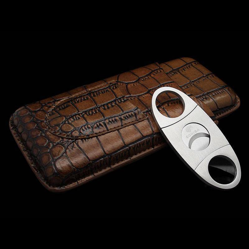 Genuine Crocodile Skin Cigar Case – Luxury 3-Cigar Travel Holder with Cutter