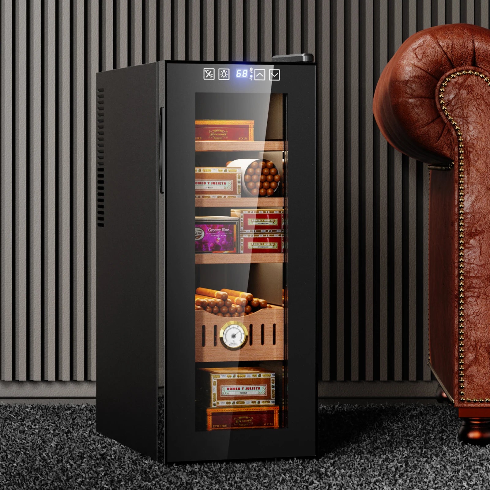 35L electric cigar humidor with advanced cooling, Spanish cedar shelves, UV-protected glass door, and automatic humidification; stores up to 250 cigars in ideal conditions.