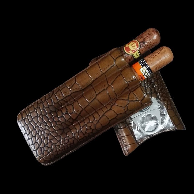 Genuine Crocodile Skin Cigar Case – Luxury 3-Cigar Travel Holder with Cutter