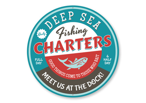 Deep Sea Fishing Charters Metal Sign – Nautical Wall Decor for Home, Cabin, or Man Cave