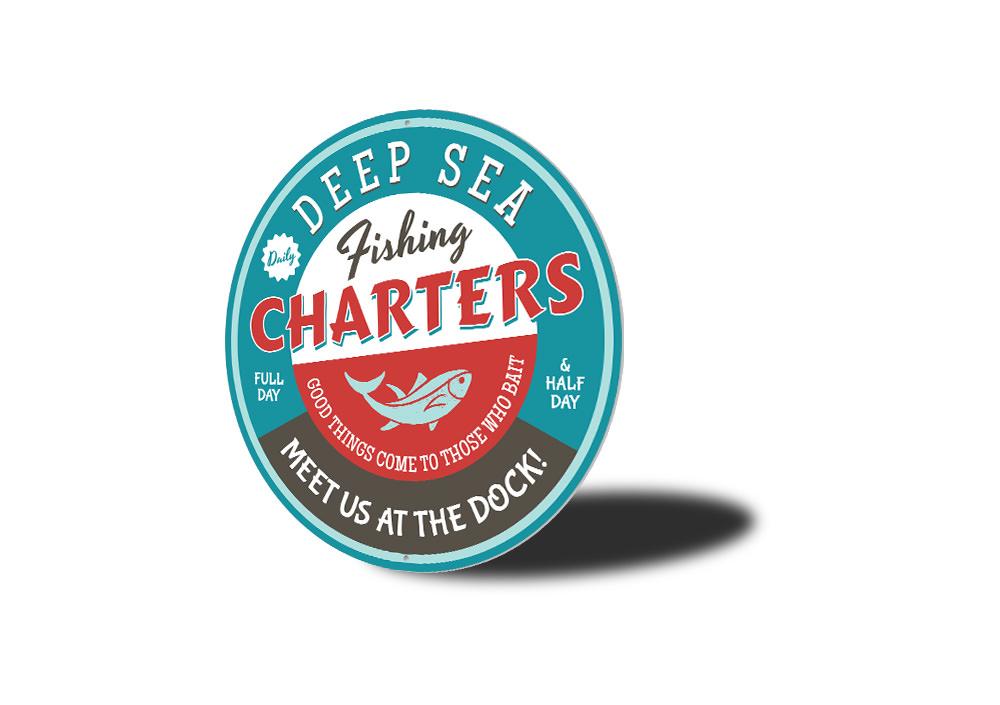 Deep Sea Fishing Charters Metal Sign – Nautical Wall Decor for Home, Cabin, or Man Cave