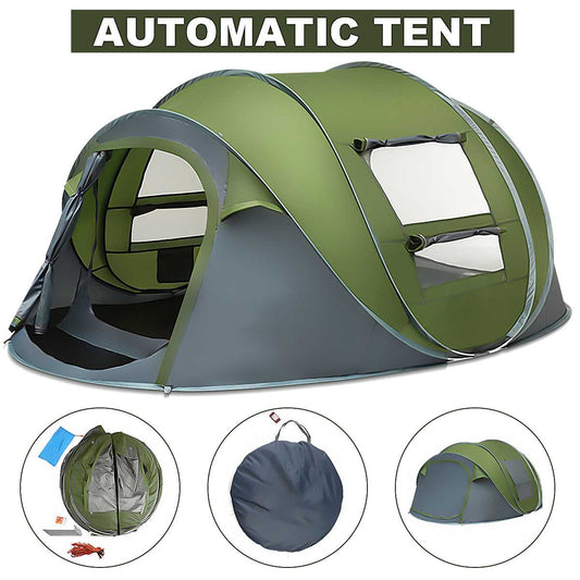 Spacious 4–5 person pop-up camping tent with automatic setup, dual doors, and mesh windows for ventilation and insect protection—perfect for quick and easy outdoor shelter.
