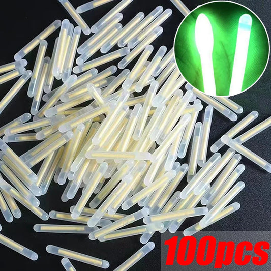 Firefly fluorescent rod lights for night fishing, available in sizes 2.2×23mm to 4.5×37mm. Glowing float indicators made from durable plastic with noctilucent technology. Sold in packs of 50 or 100.