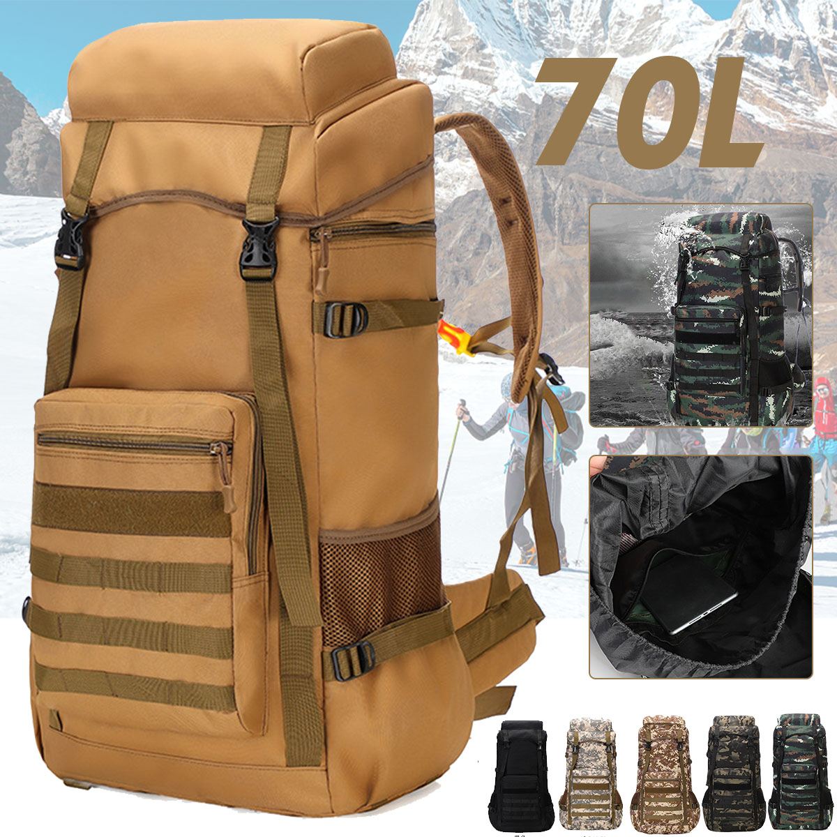 70L waterproof military tactical backpack with padded straps and multiple compartments for camping hiking survival and emergency preparedness