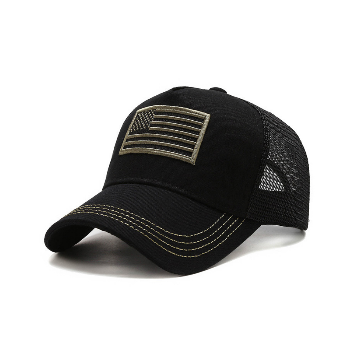 American Flag trucker hat with curved brim and 3D flag patch. Features breathable mesh back, sweat-resistant band, and adjustable snapback closure. Unisex cotton-polyester blend for all-day comfort.