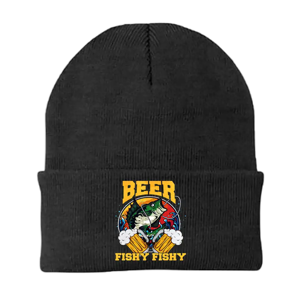 Beer Fishy Fishy 2 Embroidered Beanie – Cotton Blend, One Size