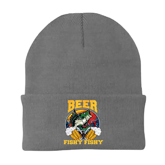 Beer Fishy Fishy 2' embroidered beanie made from soft cotton-acrylic blend. Stretchable, one-size-fits-most design with a snug, breathable fit—adds humor to your cold-weather gear