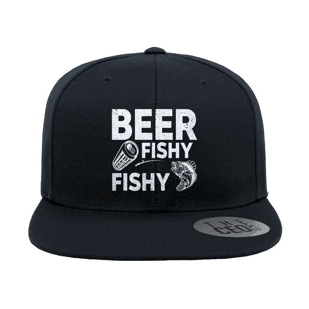 Beer Fishy Fishy' embroidered flat bill cap made from 100% cotton twill. Features five-panel high-profile design, green under visor, snapback closure, and sewn eyelets for ventilation