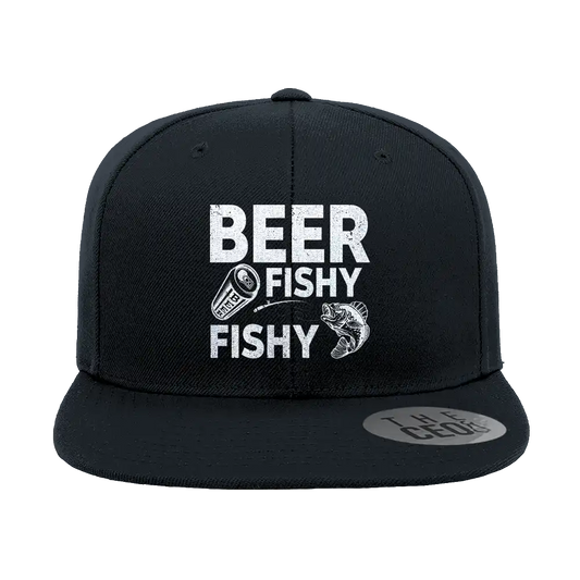 Beer Fishy Fishy' embroidered flat bill cap made from 100% cotton twill. Features five-panel high-profile design, green under visor, snapback closure, and sewn eyelets for ventilation