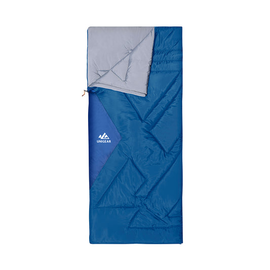 A blue and gray Camfy 50 sleeping bag designed for spring and summer camping, featuring a breathable outer shell and a soft interior lining.