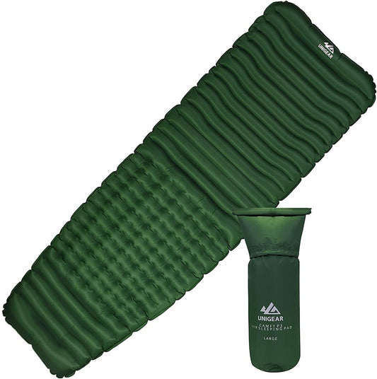 Camfy P3 air sleeping pad for camping and backpacking, featuring 3-inch thick ergonomic cushioning, durable nylon material, and built-in pump sack for fast inflation. Lightweight, compact, and leak-proof—perfect for outdoor sleep comfort.