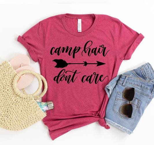 Camp Hair Don’t Care t-shirt made from soft Bella+Canvas cotton with unisex fit and funny camping graphic perfect for outdoor lovers and glampers