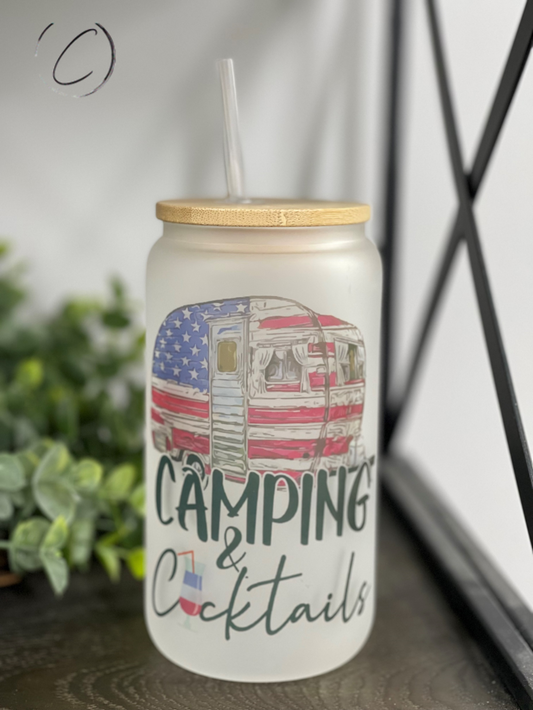 camping and cocktails 16oz frosted libbey glass tumbler with full wrap printed design reusable straw included durable outdoor drinkware for campfires picnics and summer adventures