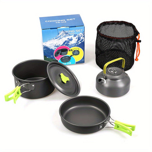 compact 3 piece aluminum camping cookware set lightweight non stick outdoor cooking gear with rapid heat distribution nesting design and easy clean surface for backpacking hiking and travel