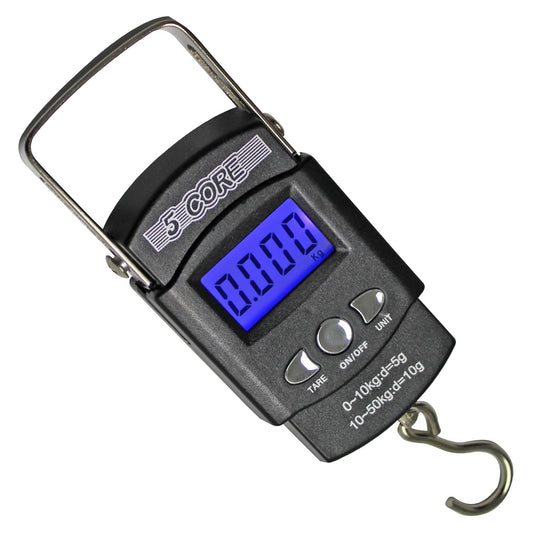 digital fishing scale with measuring tape accurate up to 110 lbs includes lcd screen stainless steel hook multi unit conversion and compact design ideal for anglers camping gear and travel use