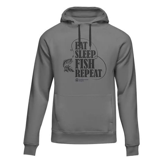 Eat Sleep Fish Repeat hoodie with bold fishing-themed design. Midweight unisex fit made from soft 50/50 cotton-poly blend. Ideal for anglers—comfortable, conversation-starting, and great for year-round wear.